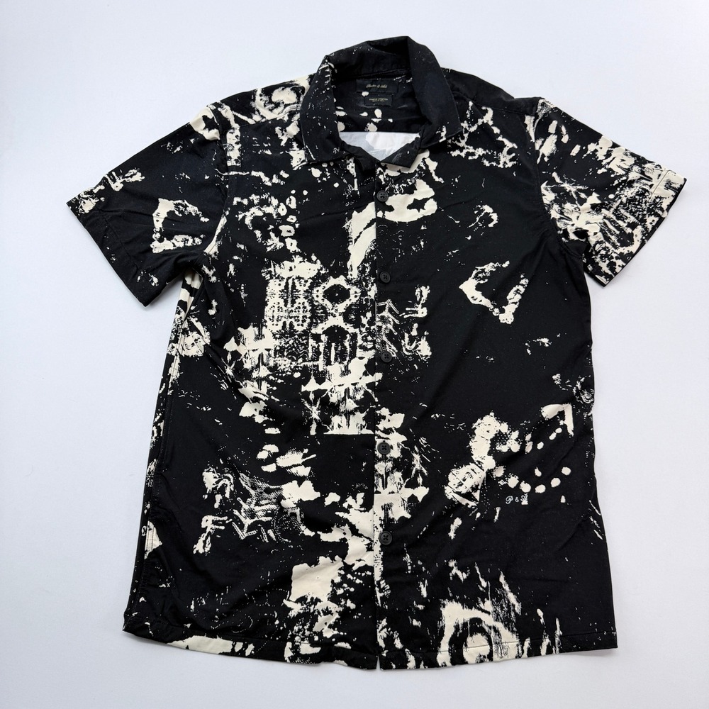 Porter & Ash Kinetic Stretch Short Sleeve Button Down Shirt Black Splatter L
